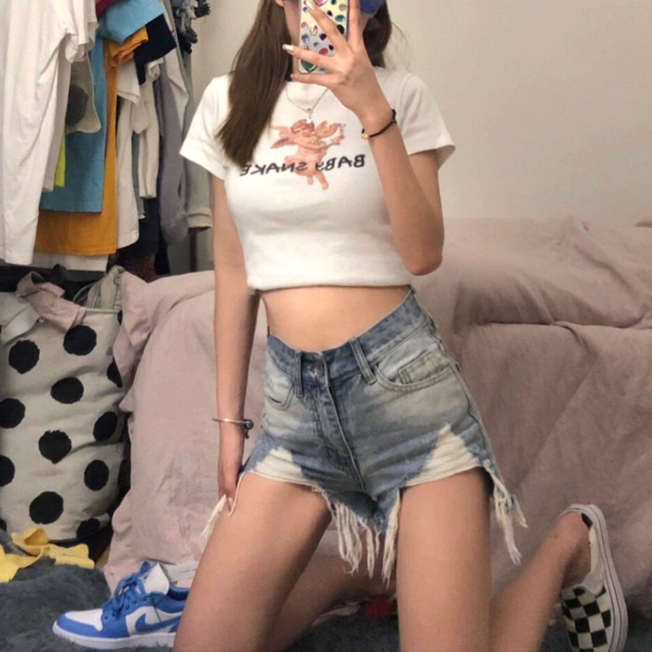 HUANG YOYO Quần Short Jeans Rách Lưng Cao Thời Trang Cho Nữ