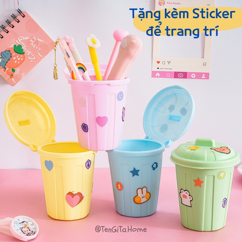 LỌ ĐỰNG KIỂU DÁNG THÙNG RÁC MINI ĐỂ BÀN HỌC, BÀN LÀM VIỆC CÓ NẮP ĐẬY TIỆN LỢI TẶNG STICKER DÁN