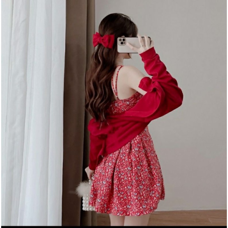 Set đầm 2 dây hoa nhí kèm áo khoác phong cách dịu dàng