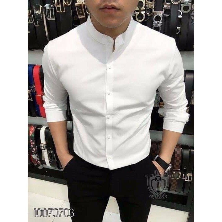 Sơ mi nam cổ tàu Trắng Đen dáng ôm body thoải mái vải êm | BigBuy360 - bigbuy360.vn