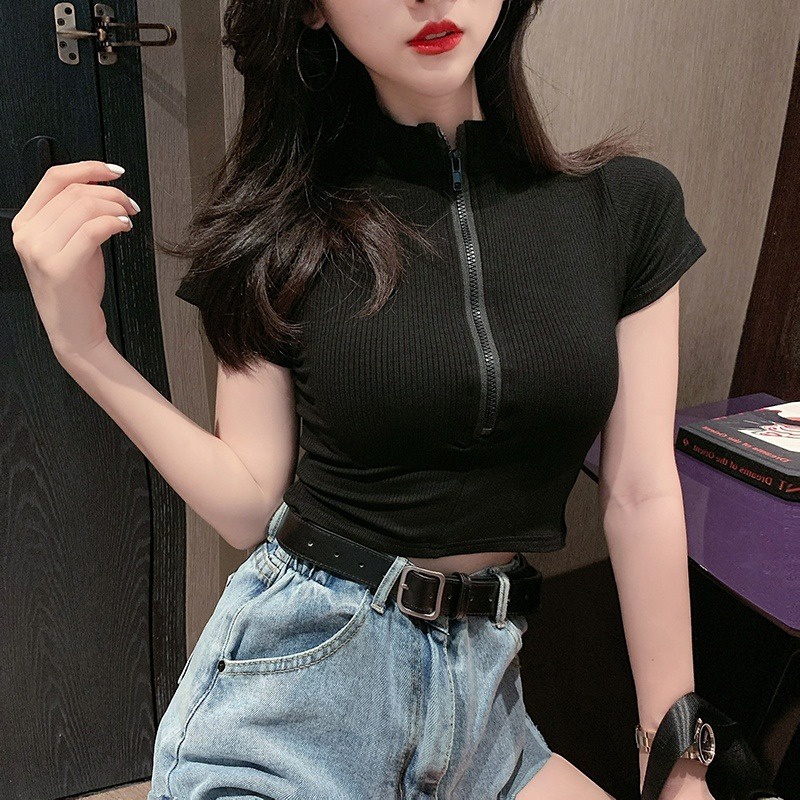 Áo Dệt Kim Ngắn Tay Cổ POLO Lưng Cao Thời Trang Quyến Rũ