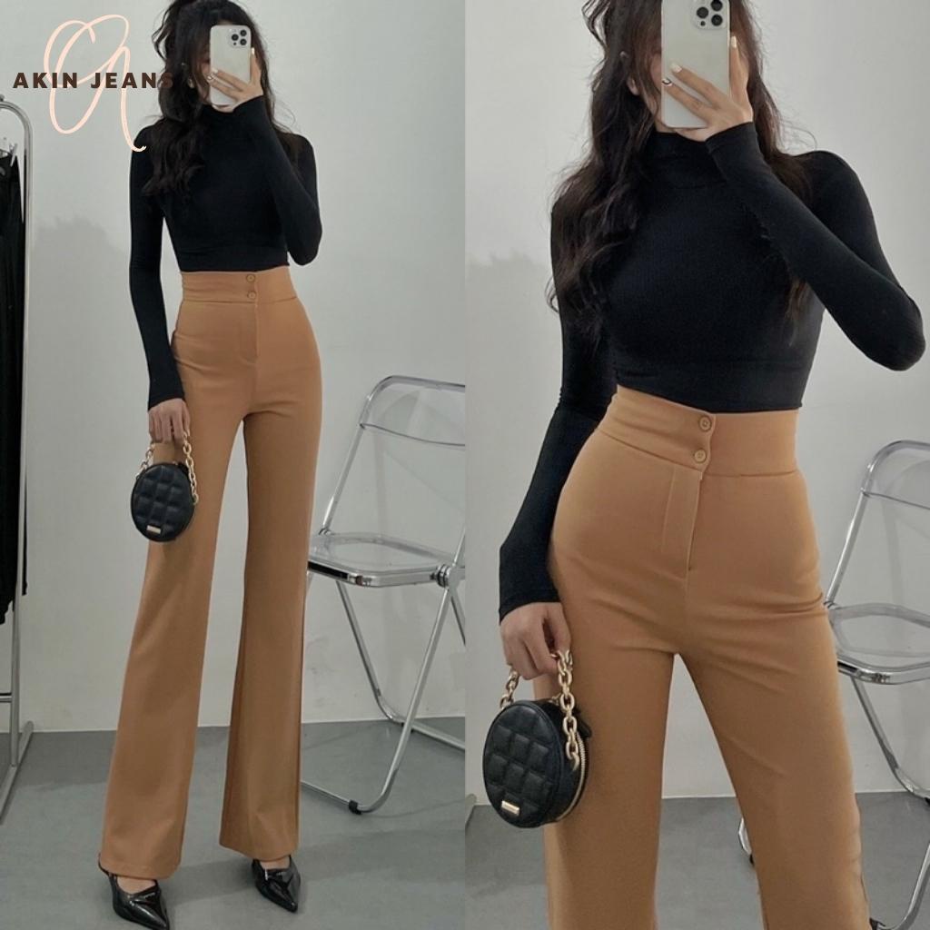 Quần Ống Loe Akin Jeans Quần Tây Nữ Ống Loe Cạp Cao 2 Cúc Chất Vải Tuyết Mưa Cao Cấp Hot Trend 2022, L2C