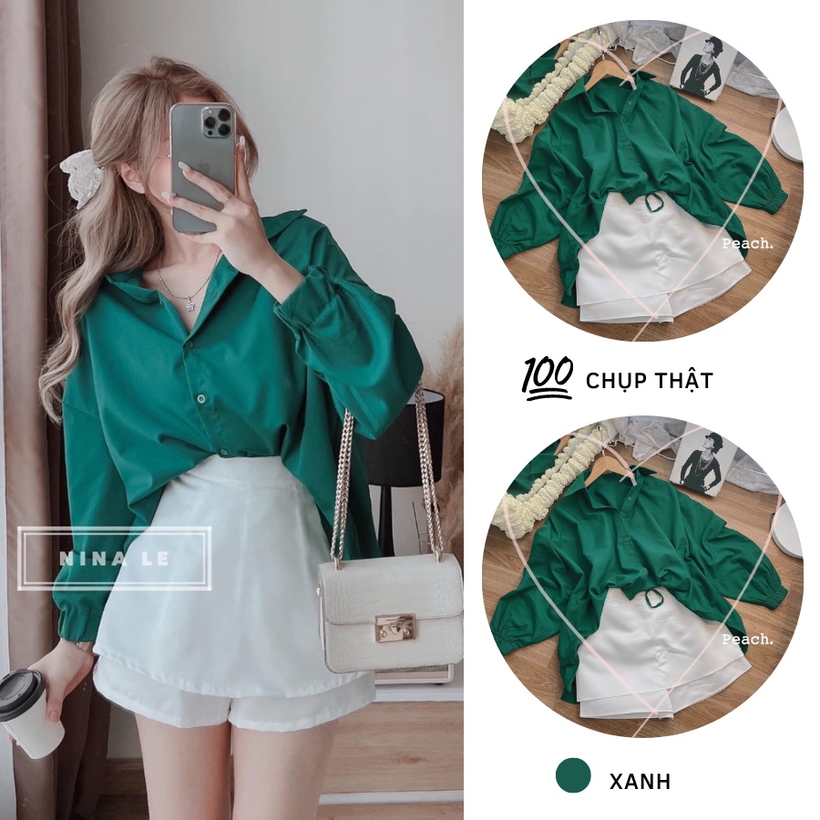 SET ÁO SƠ MI NỮ XANH CÔNG SỞ TAY PHỒNG MIX QUẦN TRẮNG CỰC XINH FREESHIP