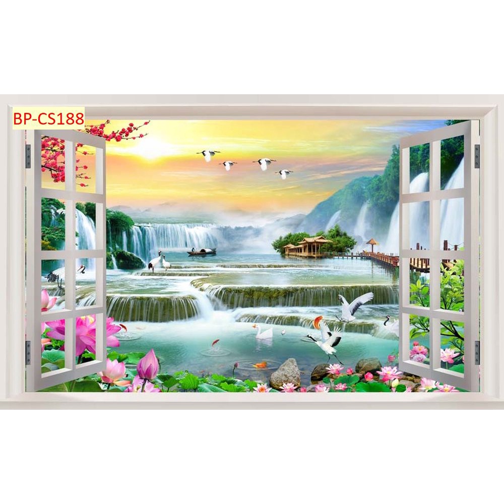 Tranh 3d cửa sổ nhìn ra phong cảnh sang trọng hiện đại