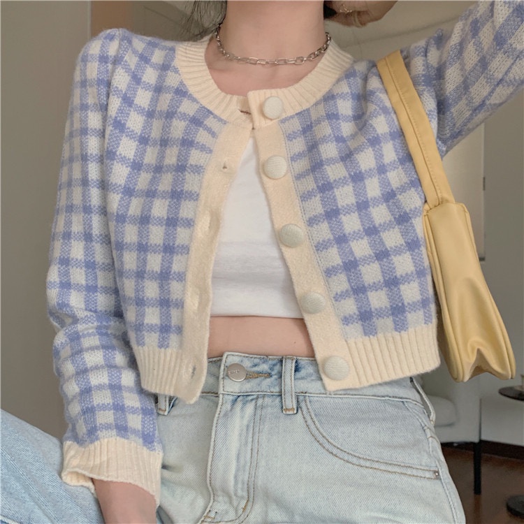 Áo Croptop Dệt Kim Tay Dài Khoác Len Cardigan Cổ Tròn Họa Tiết Sọc Caro Phong Cách Hàn Quốc Cho Nữ D2-39