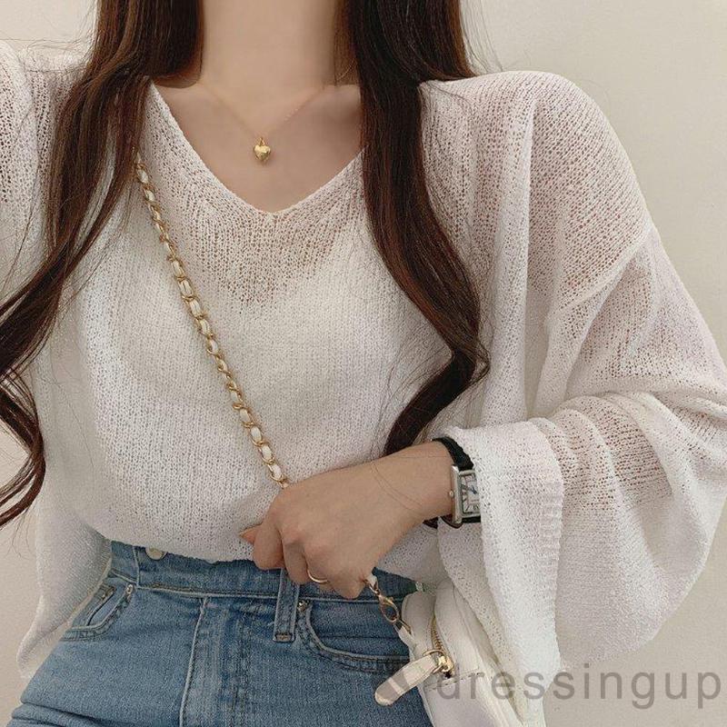 DRE-Female Loose Tops, Solid Color V-Neck Long Sleeve Tie-Up Knitted Blouse Pullover for Spring Summer, White/Black