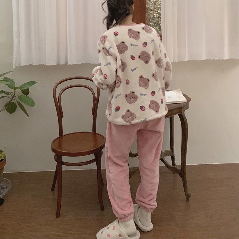 Bộ đồ ngủ lông hình gấu dễ thương, đồ ngủ nữ mùa đông cực ấm