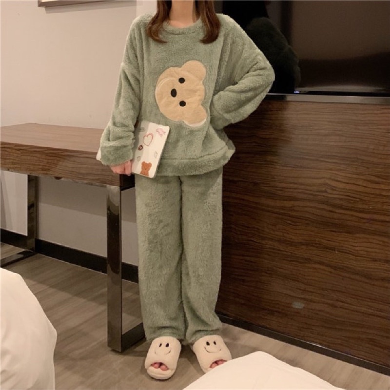[44CAM] Bộ ngủ nữ dài tay cổ tròn mùa đông họa tiết gấu cute rộng rãi thoải vải nỉ bông ấm áp