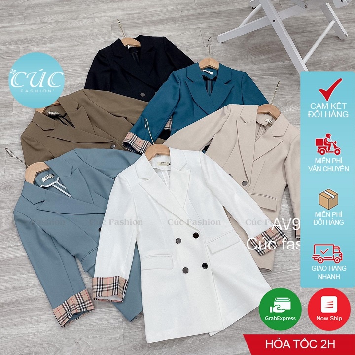 Áo blazer nữ CÚC FASHION áo khoác dáng dài thời trang Hàn Quốc tay ngắn đẹp đen trắng vest 2022 tay phối kẻ caro AV97 | BigBuy360 - bigbuy360.vn