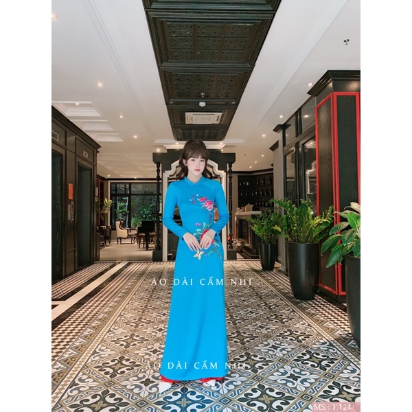 Áo Dài Xanh Ngọc thêu Hoa, Áo dài thiết kế Mã T124