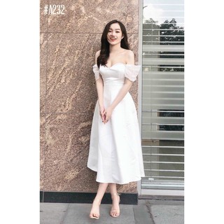 - Đầm trắng dự tiệc trễ vai/kèm mú ngực