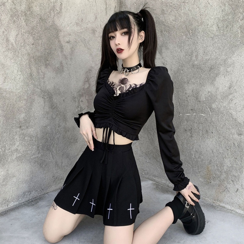 Áo Croptop Tay Dài Cổ Chữ V Phối Dây Rút Phong Cách Gothic Quyến Rũ Cho Nữ