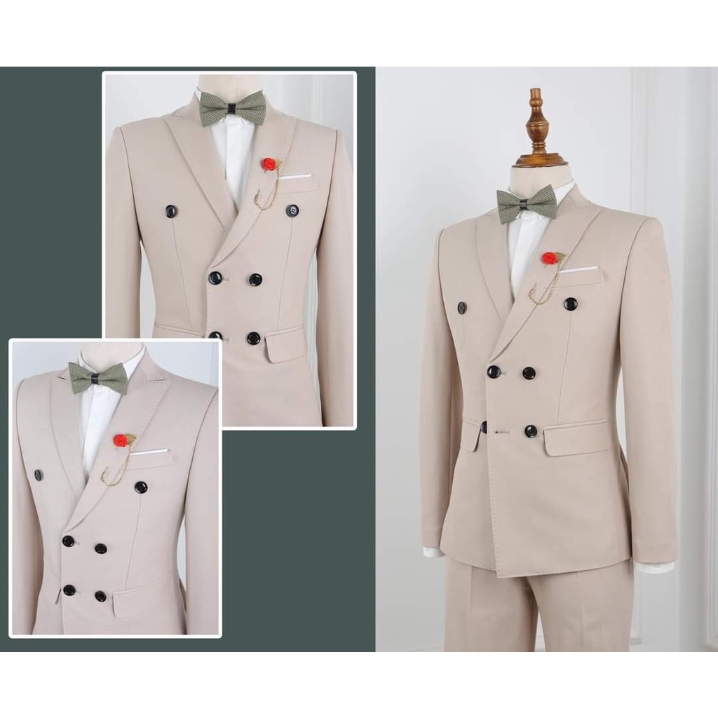 Bộ Vest Nam cao cấp from dáng măng tô 6 cúc màn kem Hàn Quốc-Shop Suit