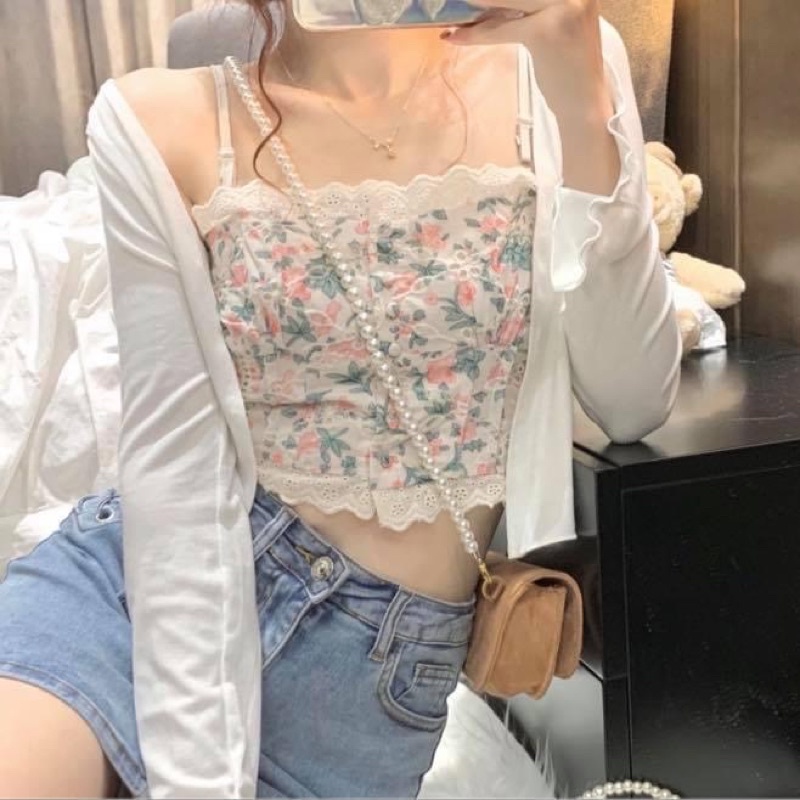 Áo hai dây kiểu croptop nữ hoa nhí phối ren viền và áo khoác cardigan tay dài trắng - Order taobao quảng châu
