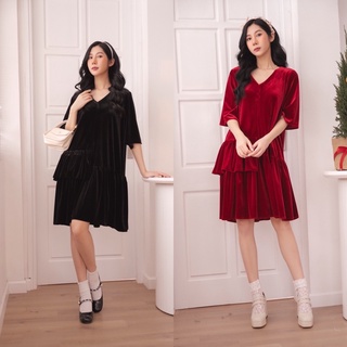 Váy Nhung Cổ Tim Dáng Tầng Lệch Phom Suông Dễ Mặc Chất Tuyết Nhung Co Giãn Bầu Bí Mặc Thoái Mái