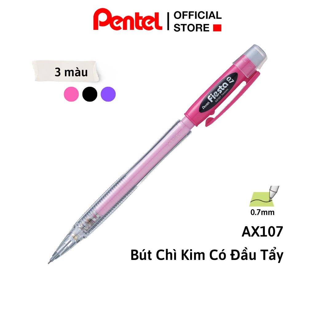 Bút Chì Kim Pentel Nhật Bản Fiesta AX107 Ngòi 0.7mm | Thiết Kế Thân Trong Đẹp Mắt |Trang Bị Đầu Tẩy Tiện Dụng | 3 Màu Vỏ