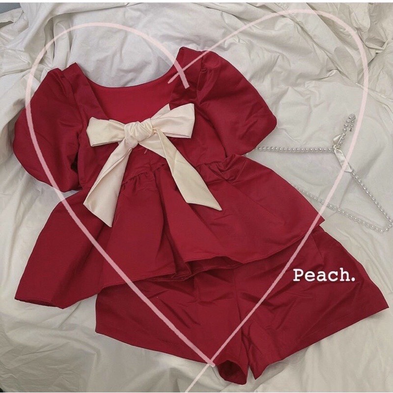 Bộ đồ nữ hàn quốc MSE129, bộ nữ babydoll tay bồng cổ vuông xòe peplum kết hợp quần sooc