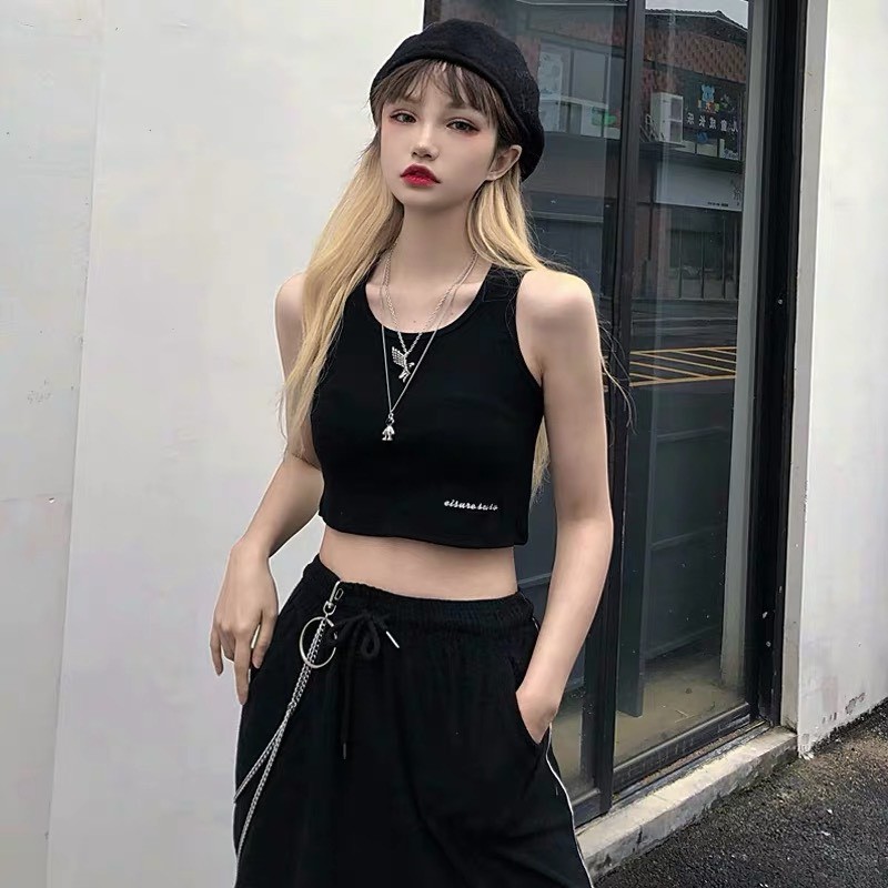 [ rẻ vô địch ]Áo croptop ôm 🌹 Áo croptop ba lỗ thêu chữ 2 màu Đen, Xám đậm, chữ thêu, chất zip cotton