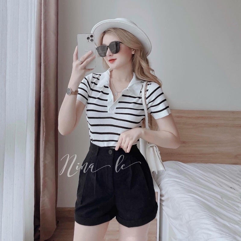 Áo len nữ cộc tay cổ bẻ kẻ sọc ngang CD hàng QC