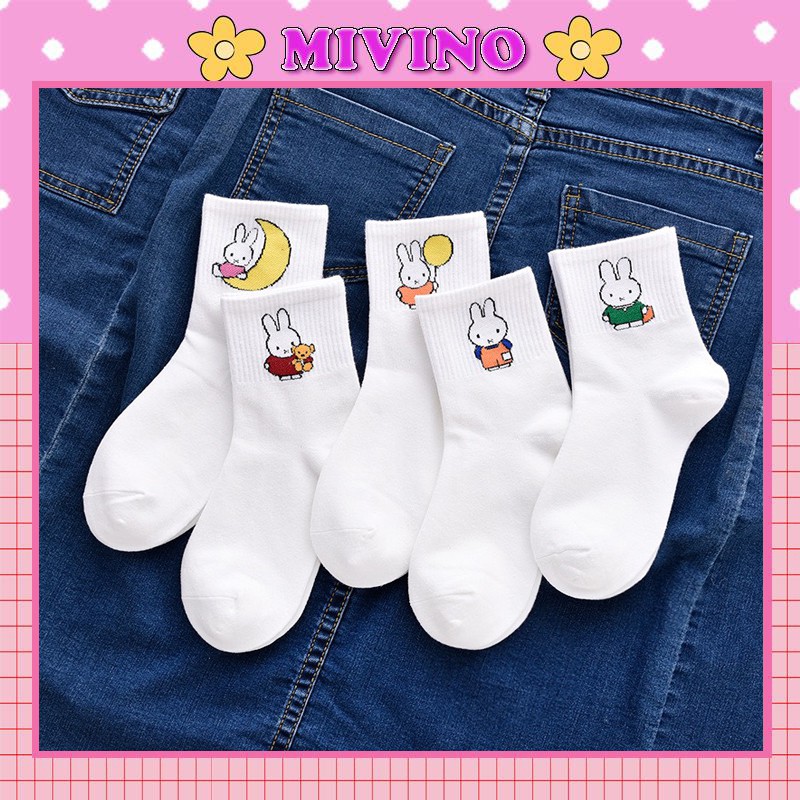 Set 5 đôi vớ nữ cổ cao Mivino tất nữ vintage họa tiết thỏ ngộ nghĩnh TN72