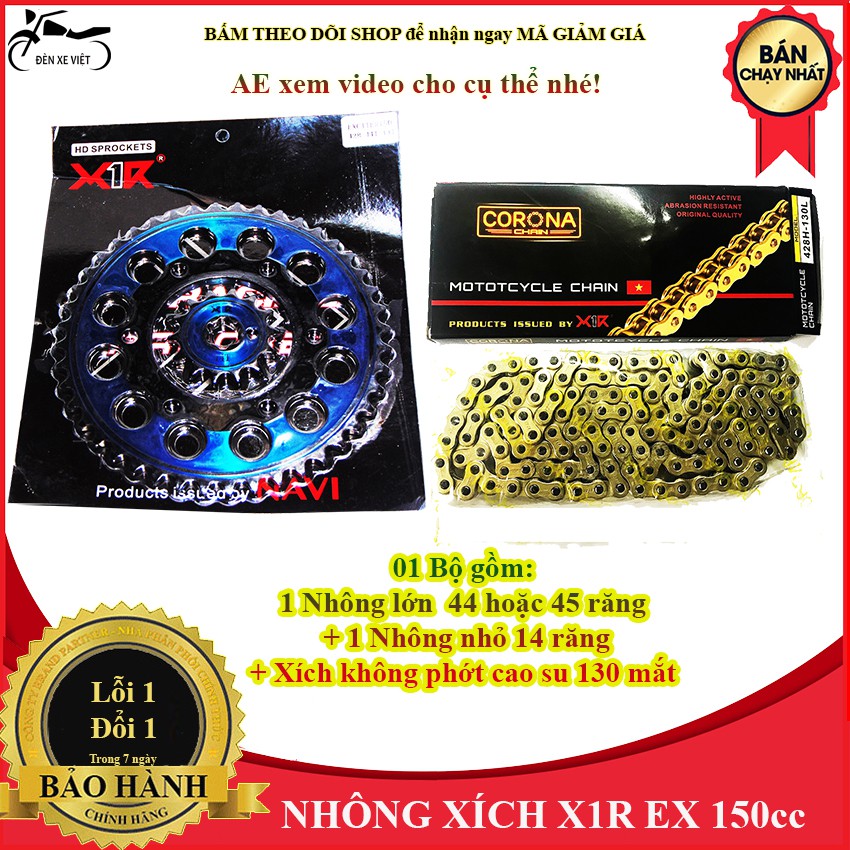 [CÓ VIDEO] Bộ Nhông sên dĩa nhông xích đĩa Exciter 150 cc Hãng X1R - Nhông 44-14T hoặc 45-15T, xích không cao su 124 mắt