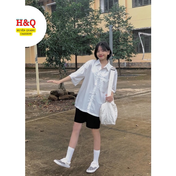 Áo sơ mi trắng nữ from rộng trơn tay lỡ cổ bẻ basic unisex kiểu hàn quốc học sinh cá tính_Huyền Quang