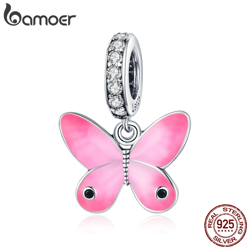 Mặt Dây Charm Hình Bướm Màu Hồng Bamoer Bằng Bạc 925 Nguyên Bản Gắn Vòng Tay Dành Cho Các Cô Gái SCC1728