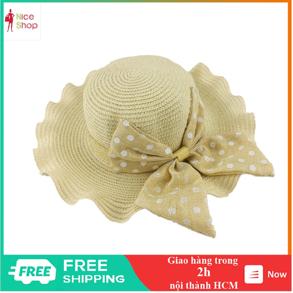 Nón rộng vành lượn chất thô phối nơ chấm bi nhiều màu - TT0312