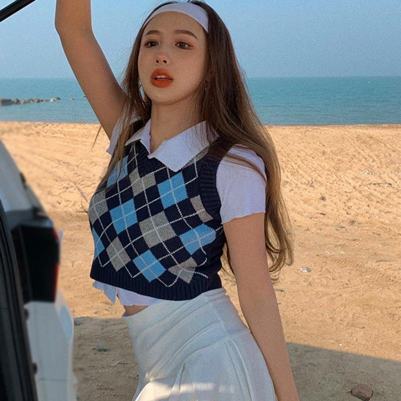 Áo Len Không Tay Cổ Chữ V Họa Tiết Sọc Caro Phong Cách Retro