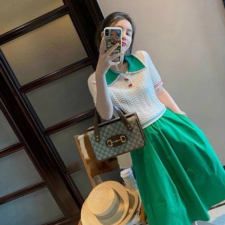 Áo len cổ đức đính hạt pha màu xanh, Áo len tay cộc tiểu thư AL8765 - NhiNhi Shop