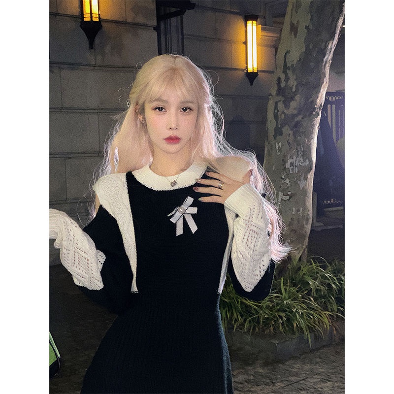 Đầm dệt kim dày trễ vai màu trắng đen thời trang thu đông cho nữ