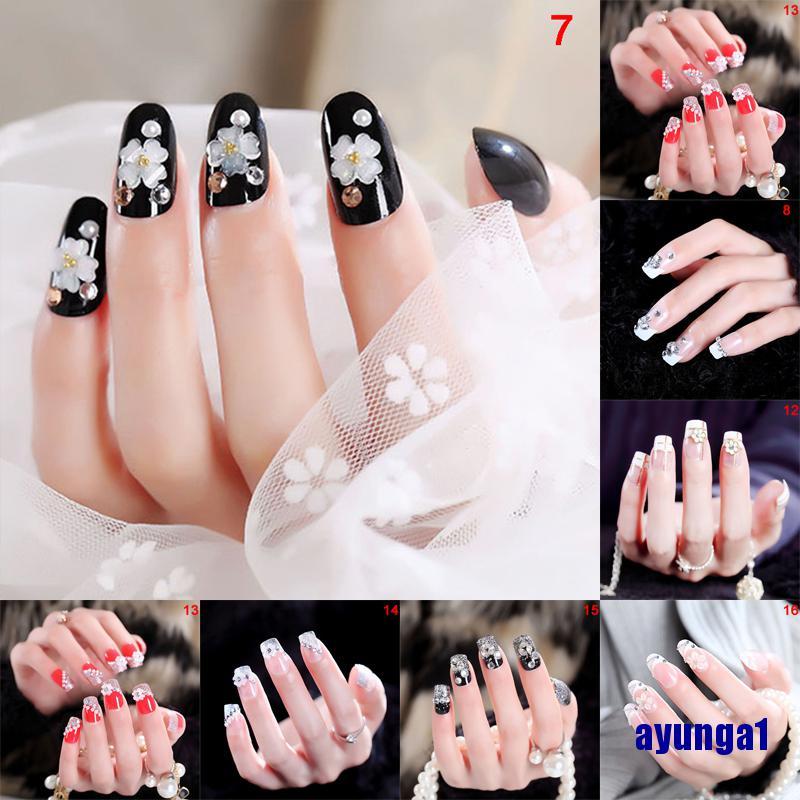 [Hàng mới về] Bộ 24 móng tay giả màu trong suốt trang trí hoa xinh xắn thích hợp cho cô dâu diy