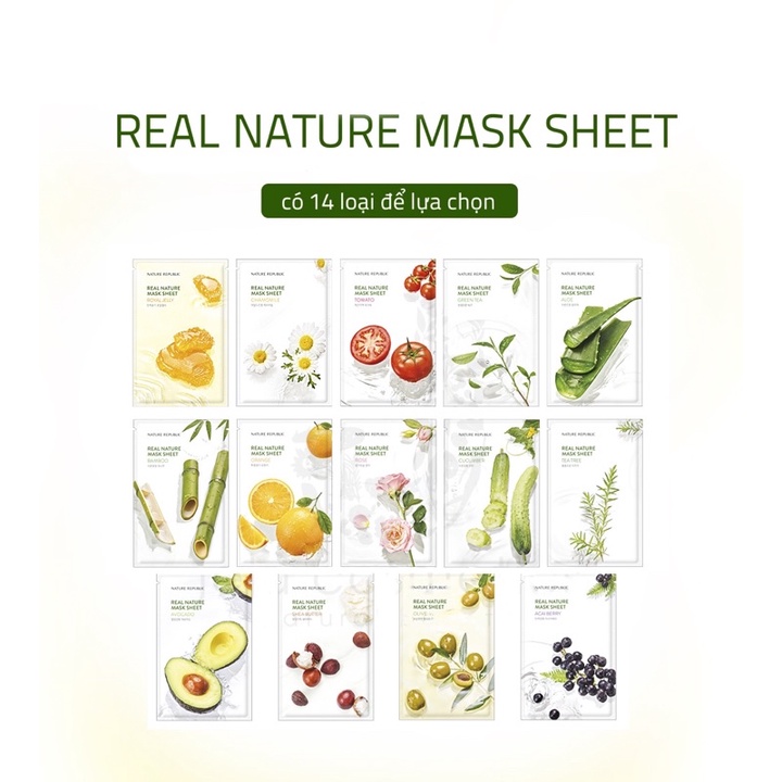 14 Loại Mặt Nạ Giấy Nội Địa Trung Cao Cấp NATURE REPUBLIC REAL NATURE MASK SHEET Chiết Xuất Trái Cây Dưỡng Da Chuyên Sâu