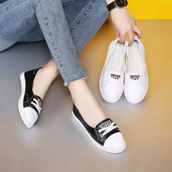 Giày Slip On, Giày Lười Nữ Chất Liệu Da Đế Bằng Phong Cách Hàn Quốc