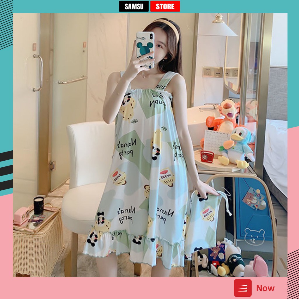 Đầm ngủ dễ thương 2 dây tiểu thư cute nữ cao cấp bigsize form rộng có mút ngực