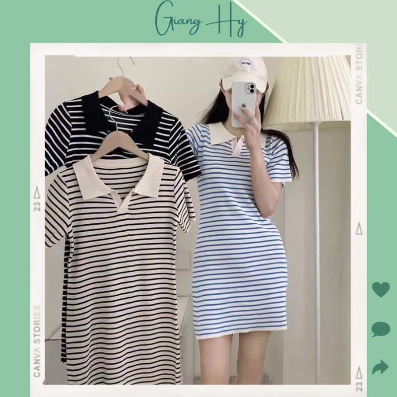 Váy polo nữ dáng bigsize suông dài LEN KẺ NGANG CỔ V 3 MÀU