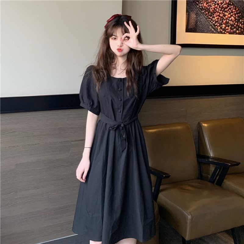 Đầm tay ngắn cổ vuông dáng chữ A phong cách Hàn Quốc thời trang mùa hè mới