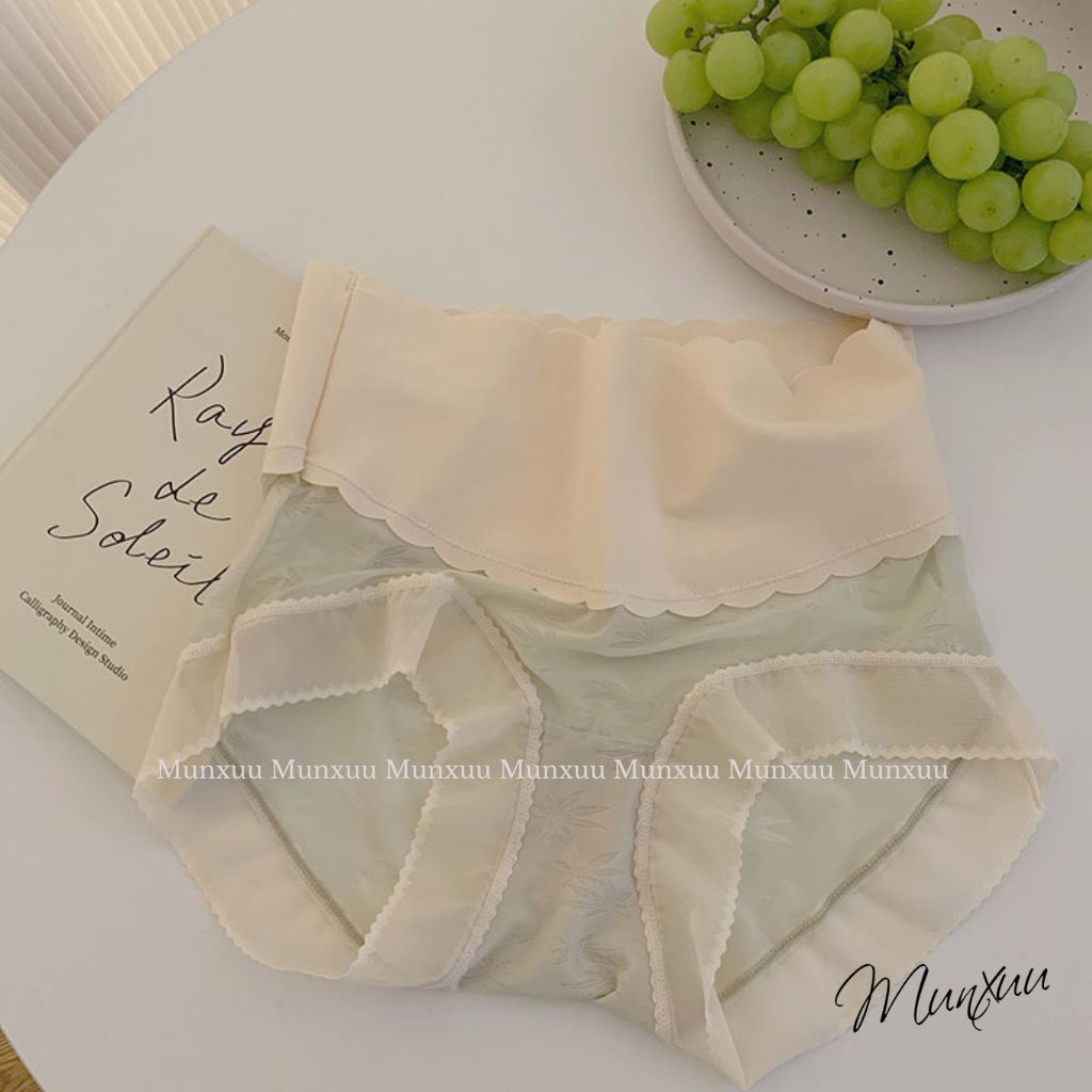 Quần lót nữ cạp cao hỗ trợ gen bụng thon gọn MUNXUU, vải ren gấm phối cạp su bản to định hình vòng eo - GB16