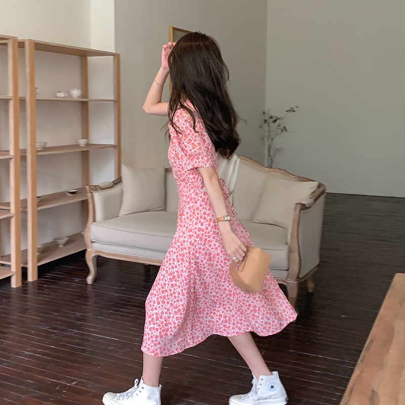 Đầm Hoa Hồng Nhấn Eo Phong Cách Pháp Thời Trang Mùa Hè Cho Nữ