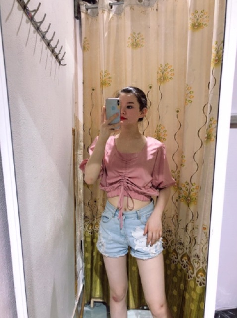 Áo croptop thô rút dây cổ vuông - hàng qc