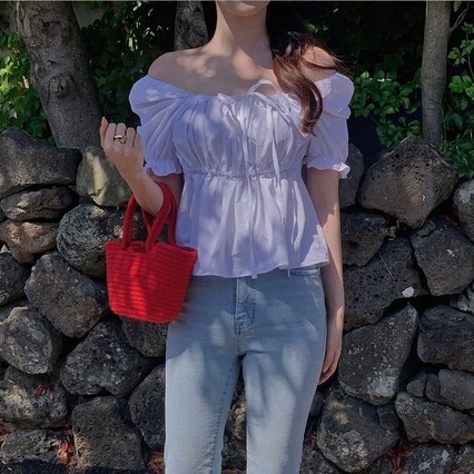 SUXI Áo Kiểu Tay Ngắn Cổ Vuông Màu Sắc Đơn Giản Phối Dây Rút Phong Cách Hàn Quốc Xinh Xắn