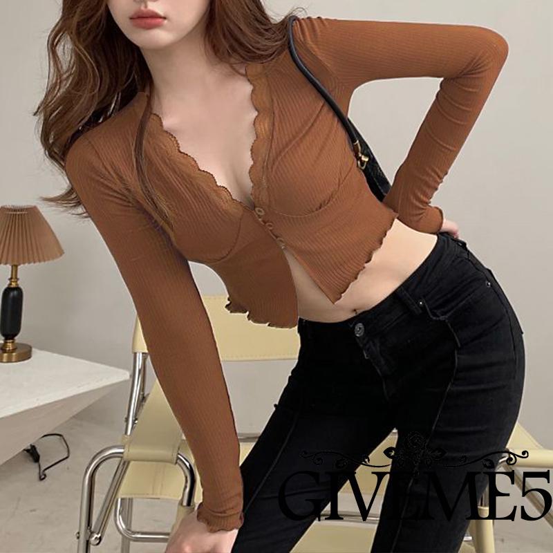 Áo Crop Top Tay Dài Cổ Chữ V Phối Ren Thời Trang Cho Nữ