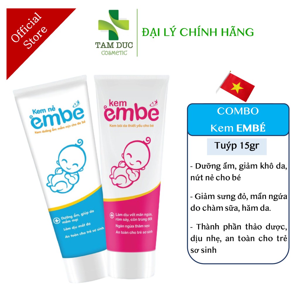 Bộ đôi Kem Embe + Kem Nẻ Embe - Dưỡng ẩm, Giảm ngứa, sưng đỏ do muỗi đốt, giảm hăm da [Kem Em Bé]