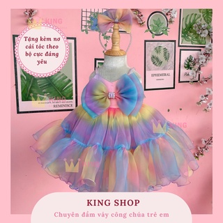 Váy công chúa ba hoa ngực tùng mới ngũ sắc cho bé gái cao cấp đầm bé nữ tặng kèm nơ cài tóc xòe bồng tự nhiên cho bé gái