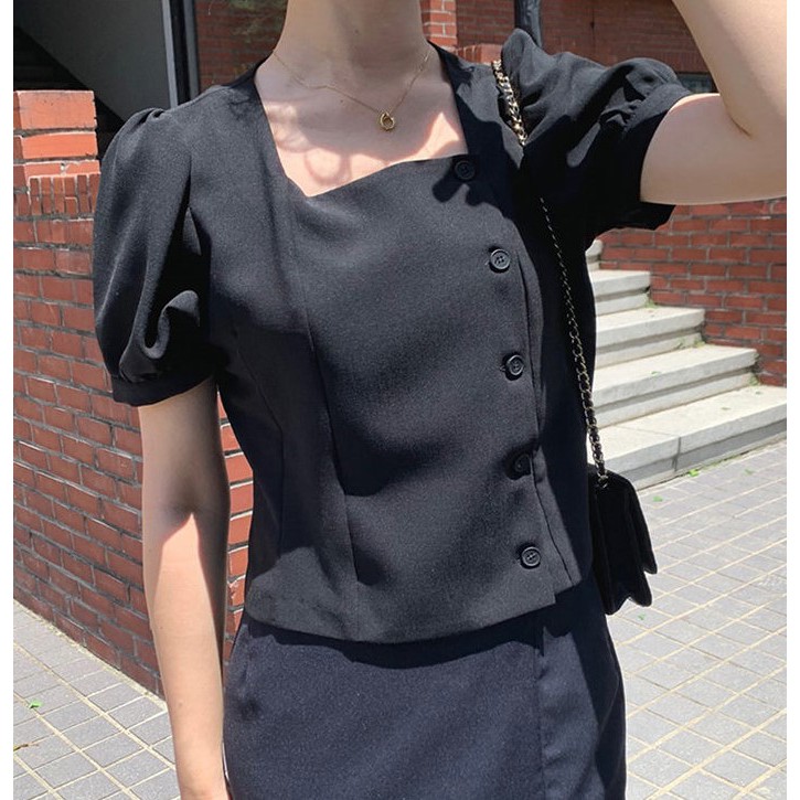 Áo Sơ Mi Tay Ngắn Cổ Vuông Màu Trơn Phong Cách Hàn Quốc Thời Trang Mùa Hè Hàng Mới 44756