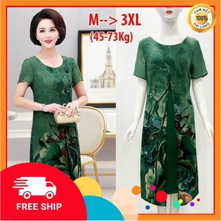 Đầm dự tiệc trung niên - Đầm suông đính nút in hoa sen siêu đẹp