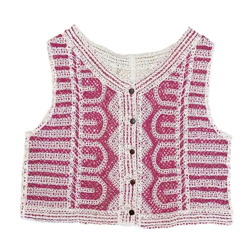 Xiangbao Áo Ghi Lê Không Tay Dệt Kim Khoét Rỗng Cài Nút Họa Tiết Hình Học Vintage Mùa Hè Cho