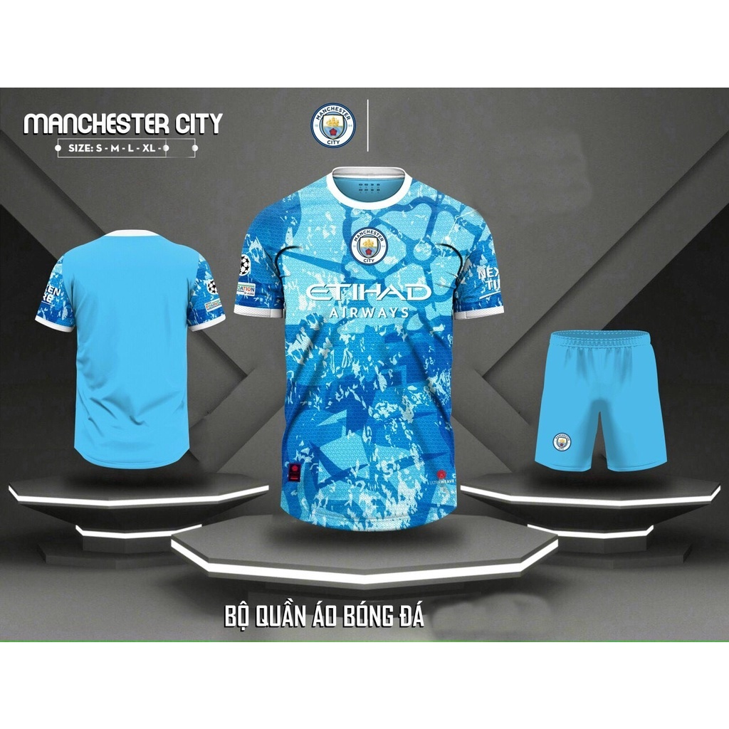 Bộ quần áo đá bóng nam nữ câu lạc bộ Manchester City , chất thun lạnh thoáng mát , co giãn thoải mái khi vận động