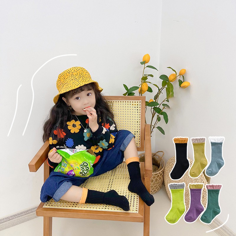 Set 3 Đôi Vớ Cotton Phối Ren Nhiều Màu Sắc Phong Cách Hàn Quốc Cho Bé Gái