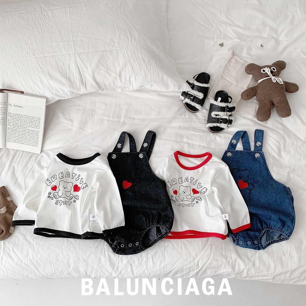 Bộ Áo Liền Quần Denim Tay Dài In Hình Gấu Dễ Thương Thời Trang Thu Đông Cho Bé Từ 0-2 Tuổi